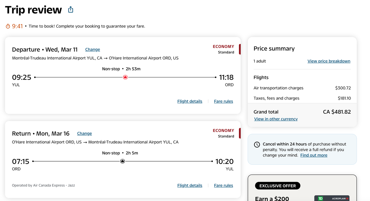 Air Canada YUL-ORD economy fare
